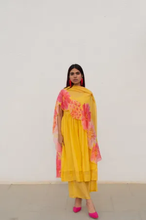 Yellow Fields Kurta Set with Floral Dupatta