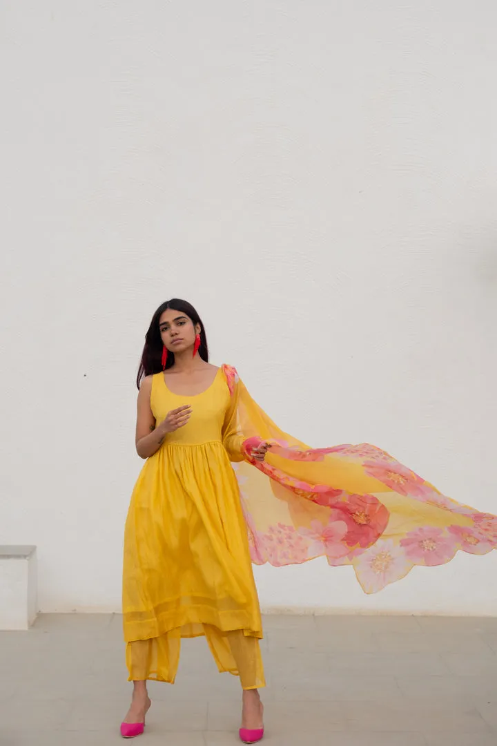 Yellow Fields Kurta Set with Floral Dupatta