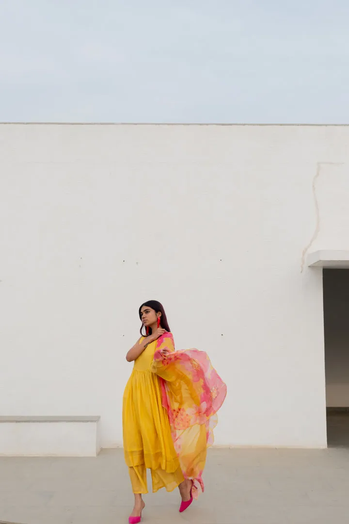 Yellow Fields Kurta Set with Floral Dupatta