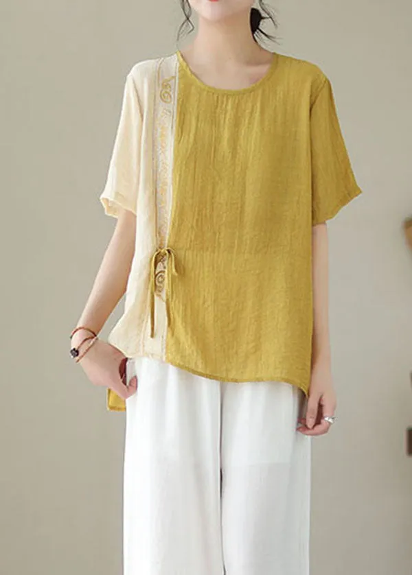 Yellow Patchwork Embroidered Cotton Blouses Lace-Up Summer