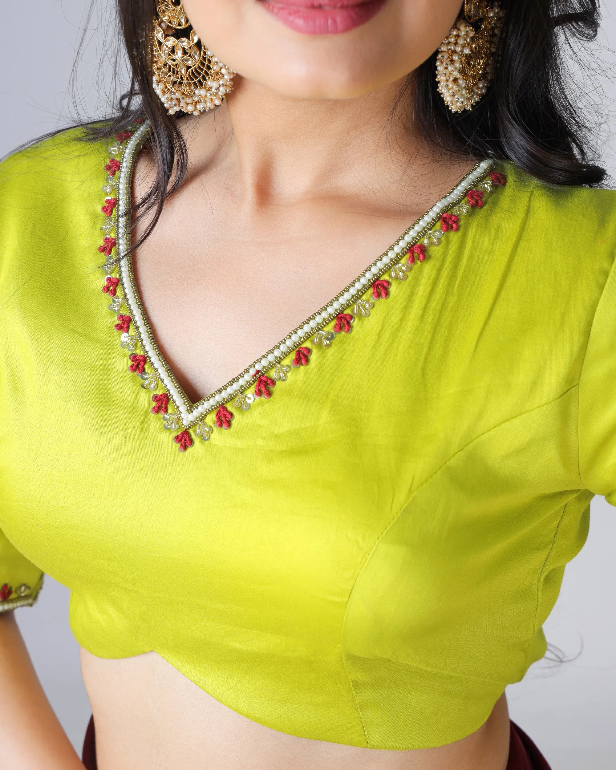 Yellow Plain Skilled Hand Work V Neck Cotton Blouse