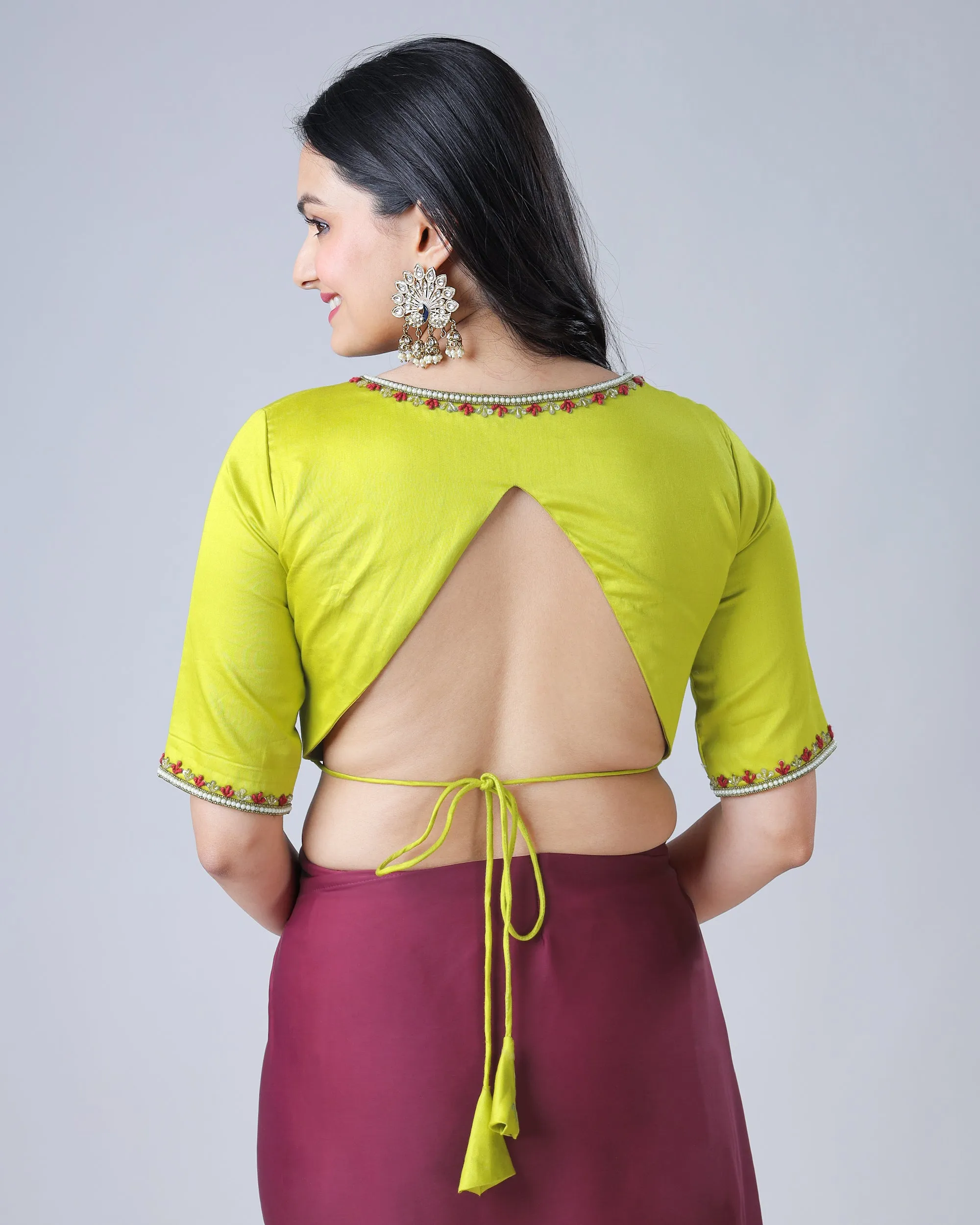 Yellow Plain Skilled Hand Work V Neck Cotton Blouse