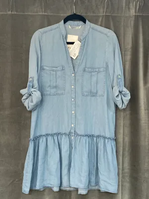 Zara Light Wash Short Denim Collarless Shirt Dress with Bottom Ruffle