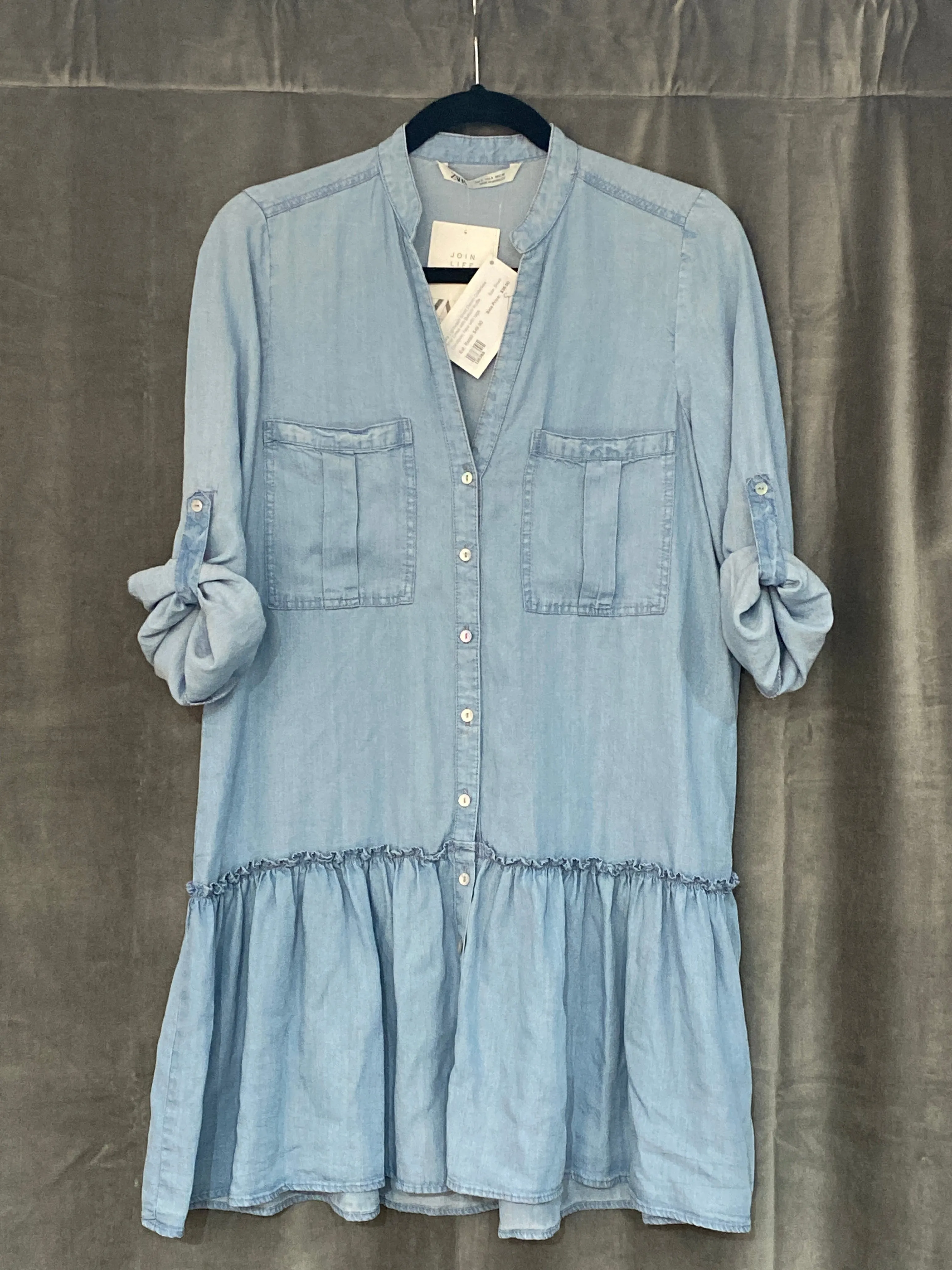 Zara Light Wash Short Denim Collarless Shirt Dress with Bottom Ruffle