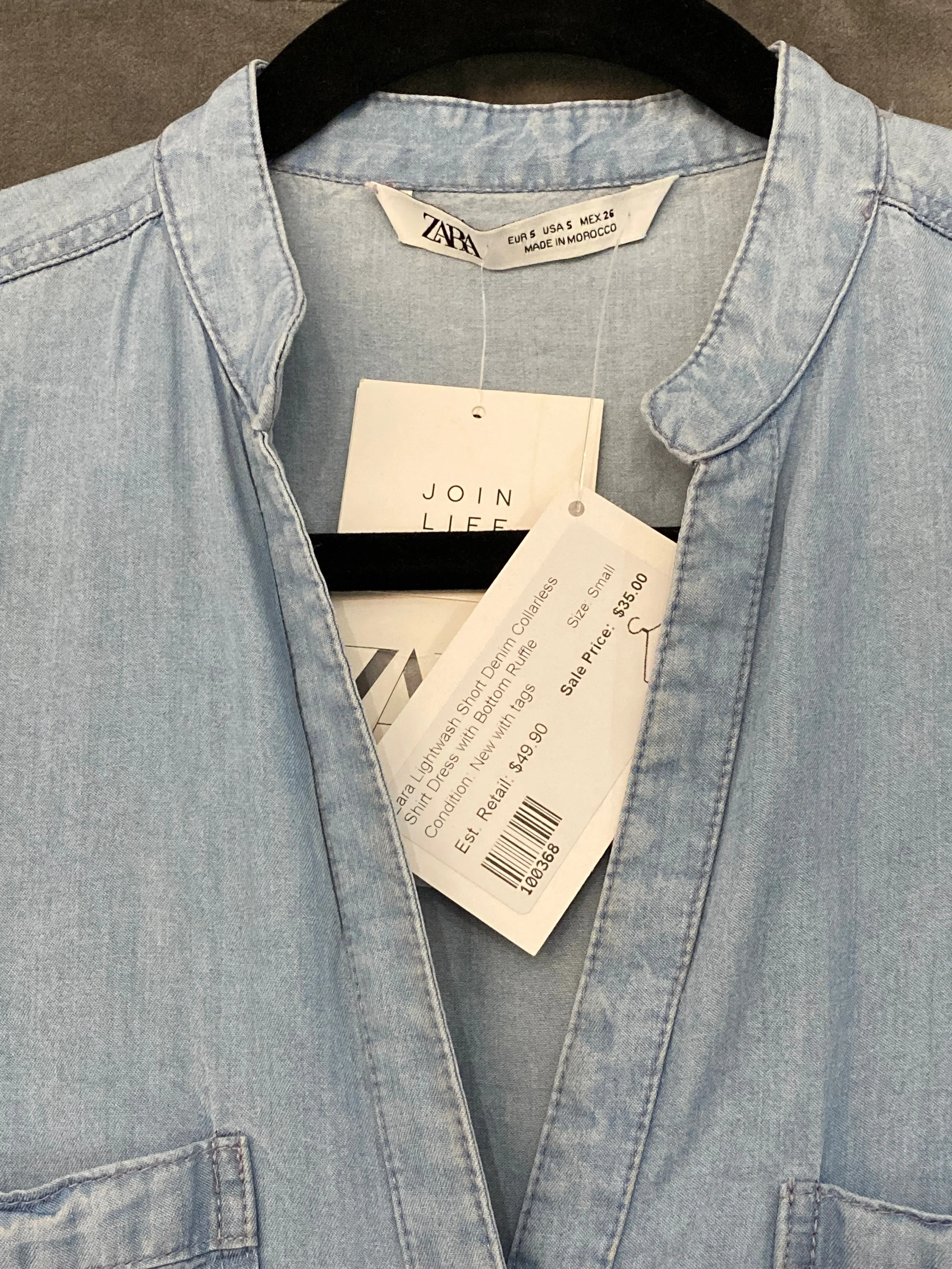 Zara Light Wash Short Denim Collarless Shirt Dress with Bottom Ruffle