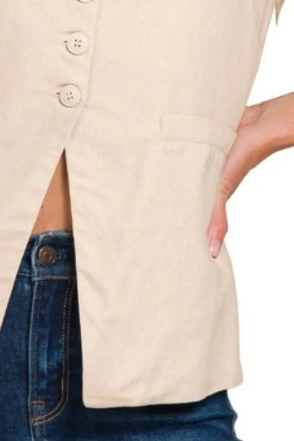 Zenana Linen Tie-back 4-button Vest with Lining
