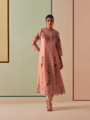 Zephyr old rose embroidered flared kurta with pants