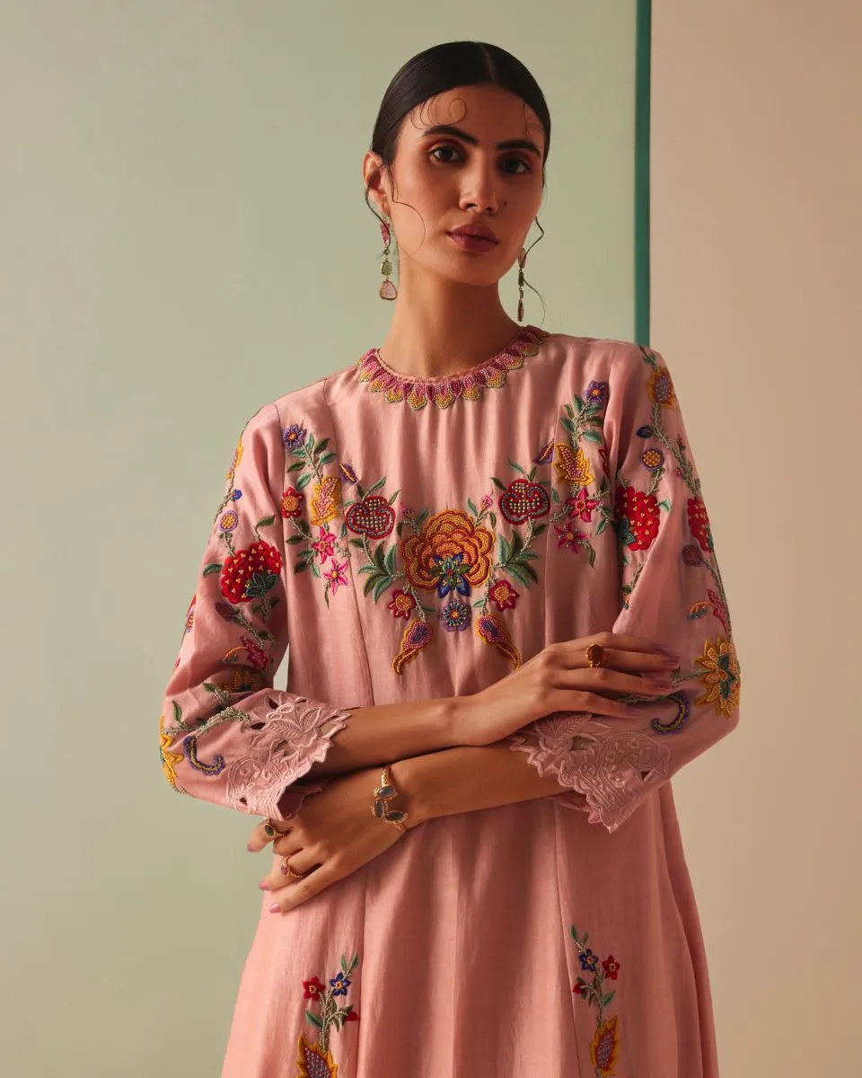 Zephyr old rose embroidered flared kurta with pants