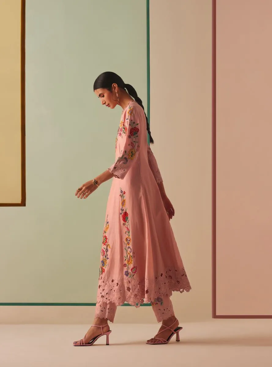 Zephyr old rose embroidered flared kurta with pants